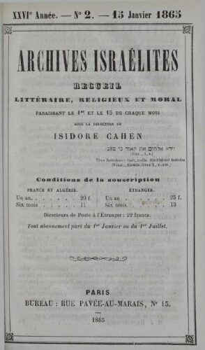 Archives israélites de France. Vol.26 N°02 (15 janv. 1865)